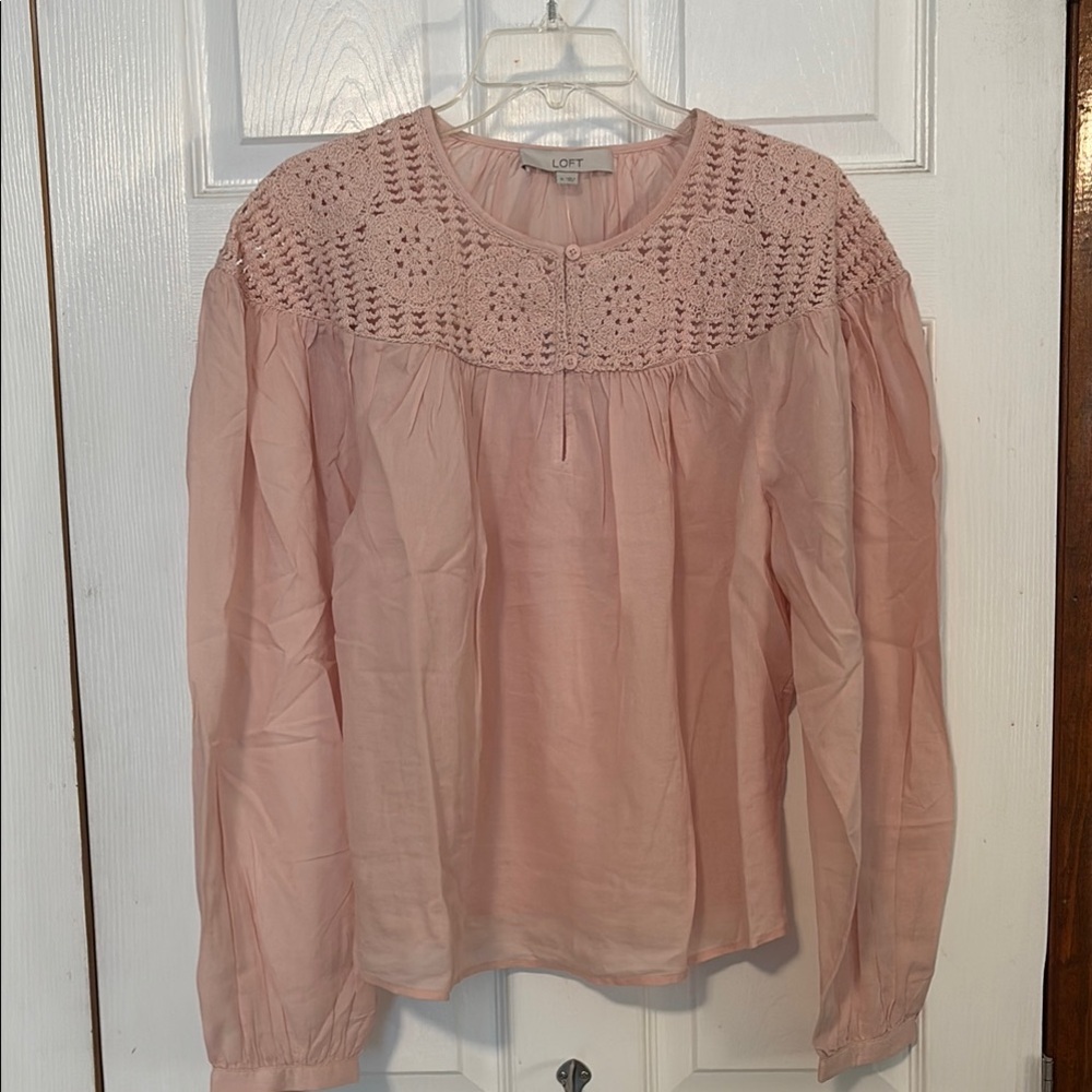 LOFT Pink Puff Sleeve Blouse with Bib Collar NWT